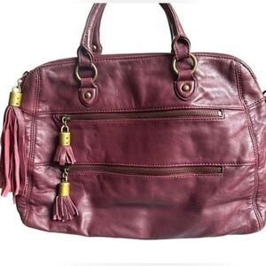 BURGUNDY RACHEL ZOE LUXE LEATHER SATCHEL FRINGE ZIPPER TASSELS
